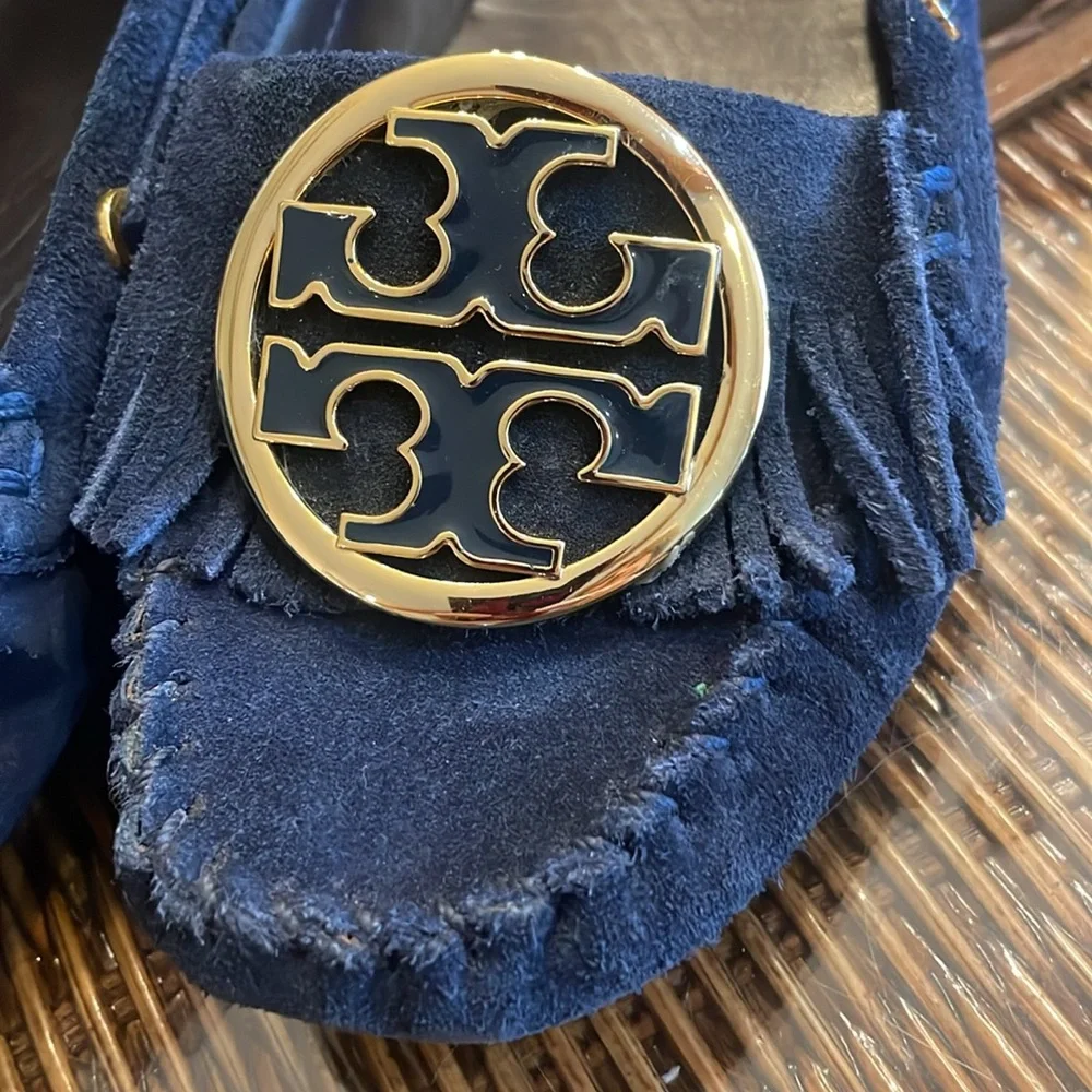 Tory Burch Navy Blue Suede Tassel Loafers with Gold Logo Medallions